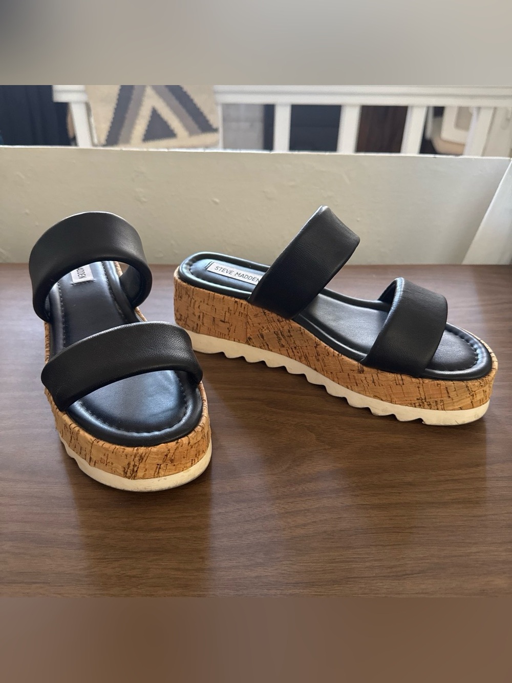 Steve Madden Black Leather Cork Platform Wedges